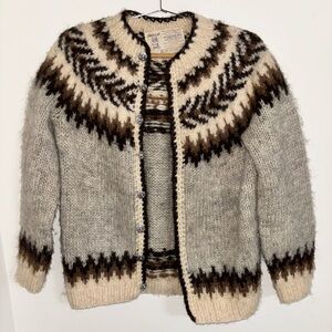 Vtg Hilda Ltd Cardigan Women M Cream brown Fair Isle Chunky Icelandic Wool Fuzzy